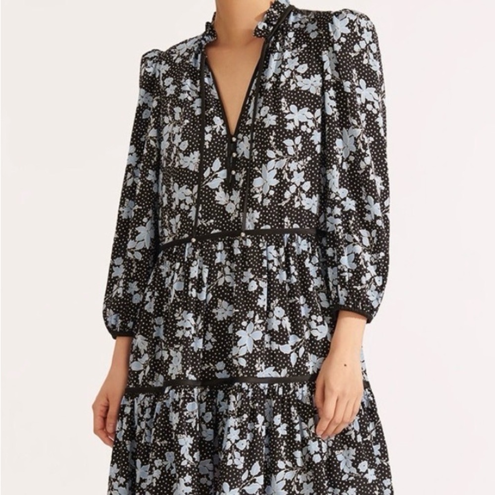 Veronica Beard Black and Blue Floral Long Sleeve Dress